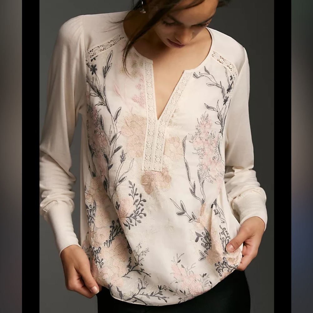 Anthropologie Cream Floral Embroidered Top